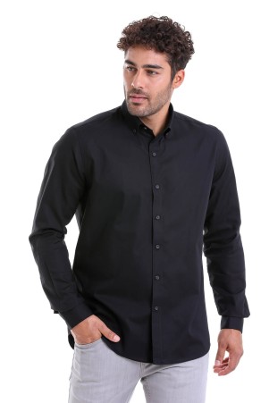 Siyah Comfort Fit Düz 100% Pamuk Düğmeli Yaka Uzun Kollu Casual Gömlek - Thumbnail
