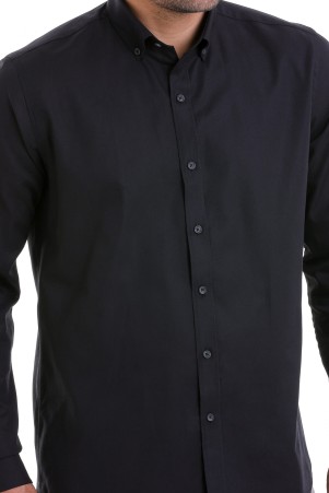 Siyah Comfort Fit Düz 100% Pamuk Düğmeli Yaka Uzun Kollu Casual Gömlek - Thumbnail