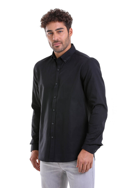 Siyah Comfort Fit 100% Pamuk Düğmeli Yaka Uzun Kollu Casual Gömlek 