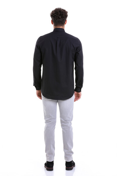 Siyah Comfort Fit 100% Pamuk Düğmeli Yaka Uzun Kollu Casual Gömlek - 10