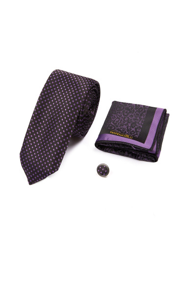 Siyah Üçlü Kravat Mendil Yaka Rozeti Set - 2