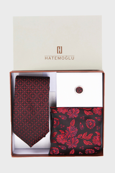 Siyah Üçlü Kravat Mendil Yaka Rozeti Set - 2