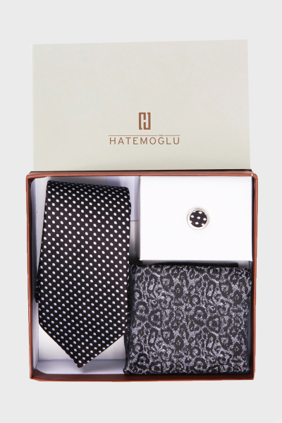Siyah Üçlü Kravat Mendil Yaka Rozeti Set - 2