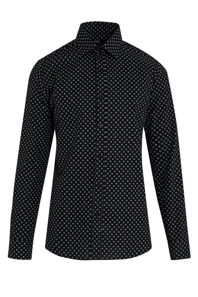 Siyah Slim Fit Baskılı 100% Pamuk Slim Yaka Uzun Kollu Casual Gömlek 