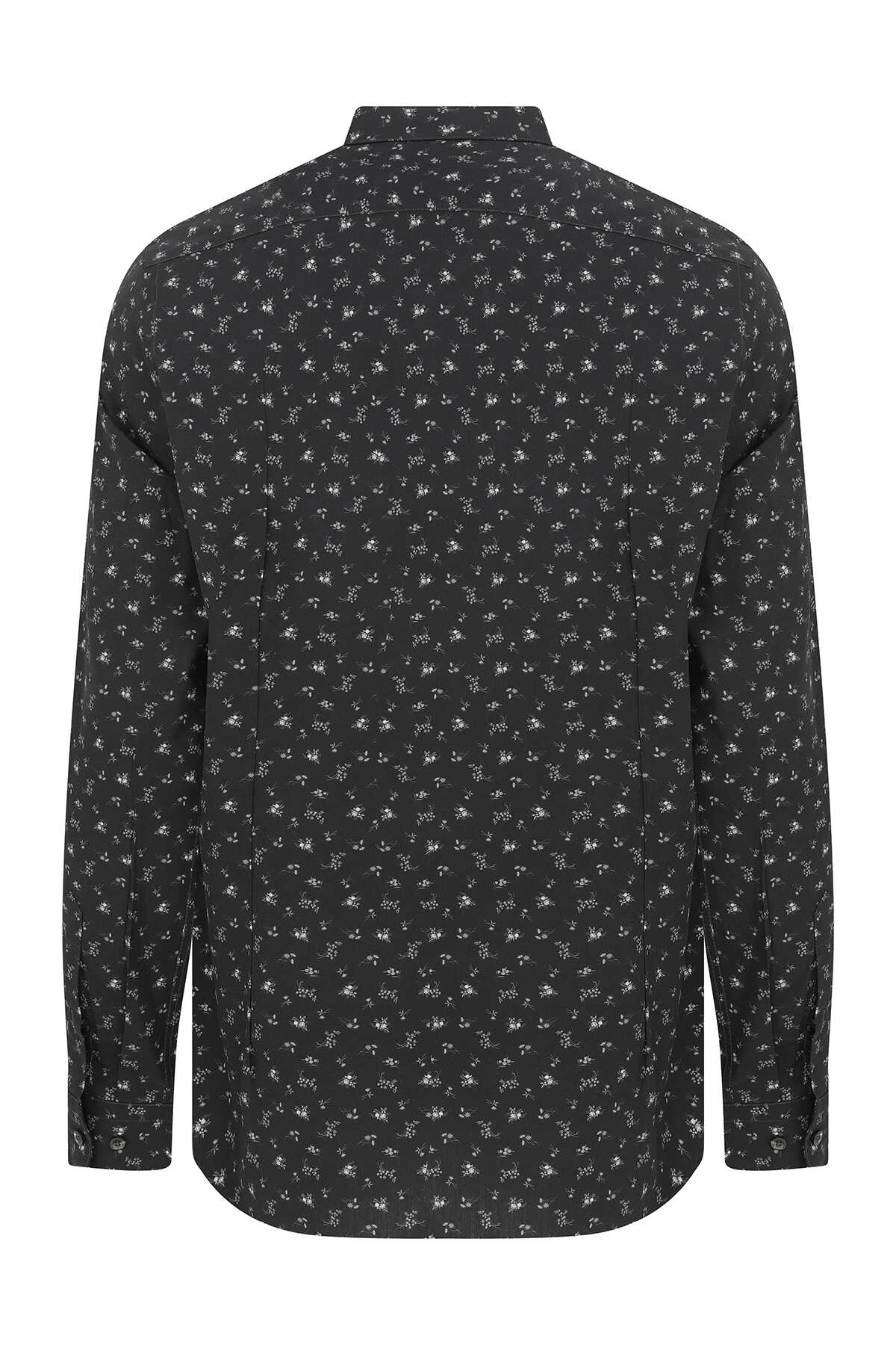 Siyah Slim Fit Baskılı 100% Pamuk Uzun Kol Spor Gömlek - 2