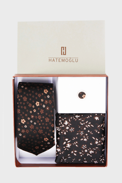 Siyah Üçlü Kravat Mendil Yaka Rozeti Set - 2