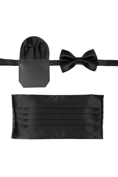 Siyah Basic Kuşak Mendil Papyon Üçlü Set - 1