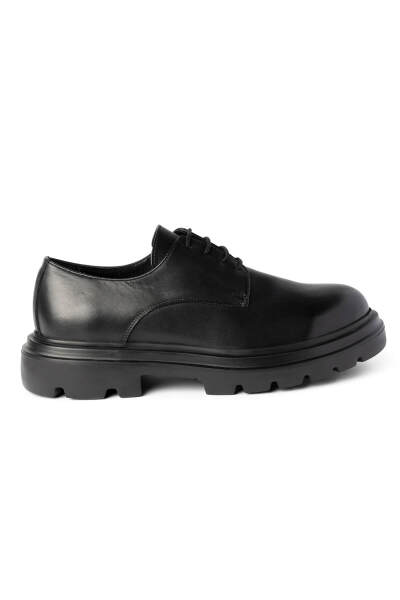 Siyah Casual Bağcıklı Deri Sneakers - 1