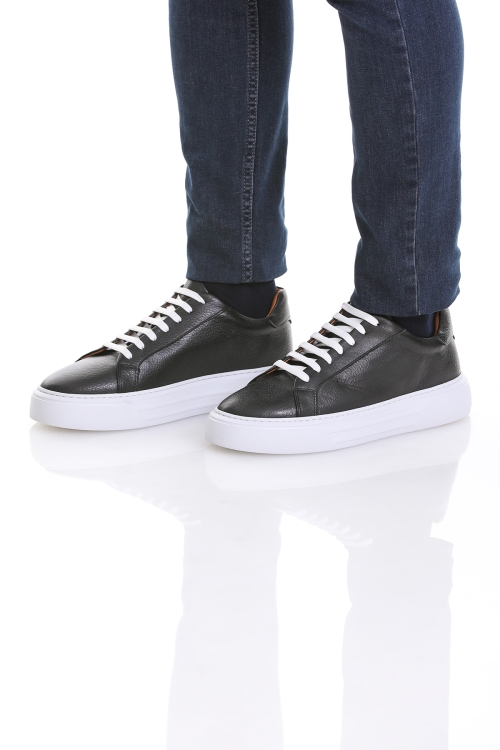 Siyah Casual Bağcıklı Deri Sneakers - Thumbnail (1)