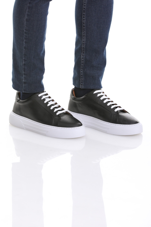 Siyah Casual Bağcıklı Deri Sneakers - Thumbnail (2)