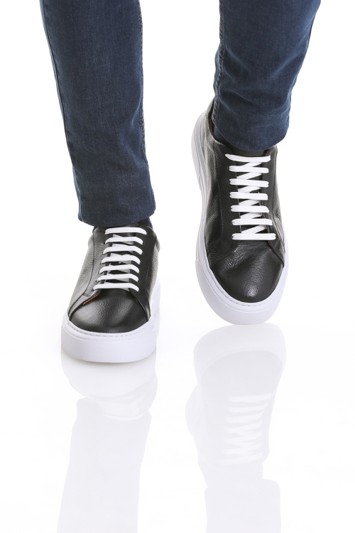 Siyah Casual Bağcıklı Deri Sneakers - Thumbnail (3)