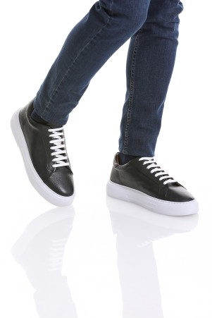 Siyah Casual Bağcıklı Deri Sneakers - Thumbnail