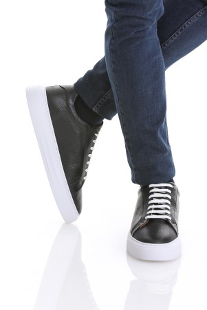 Siyah Casual Bağcıklı Deri Sneakers - Thumbnail