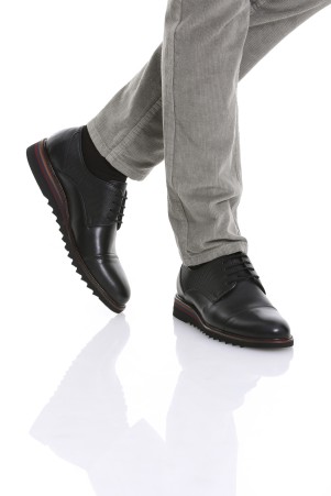 Siyah Casual Düz Bağcıklı Deri Ayakkabı - Thumbnail