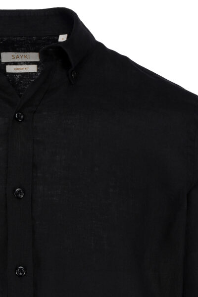 Siyah Comfort Fit 100% Keten Düğmeli Yaka Uzun Kollu Keten Gömlek - 2