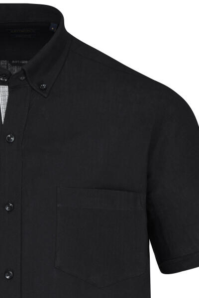 Siyah Comfort Fit 100% Pamuk Düğmeli Yaka Kısa Kollu Casual Gömlek - 7