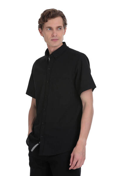 Siyah Comfort Fit 100% Pamuk Düğmeli Yaka Kısa Kollu Casual Gömlek 