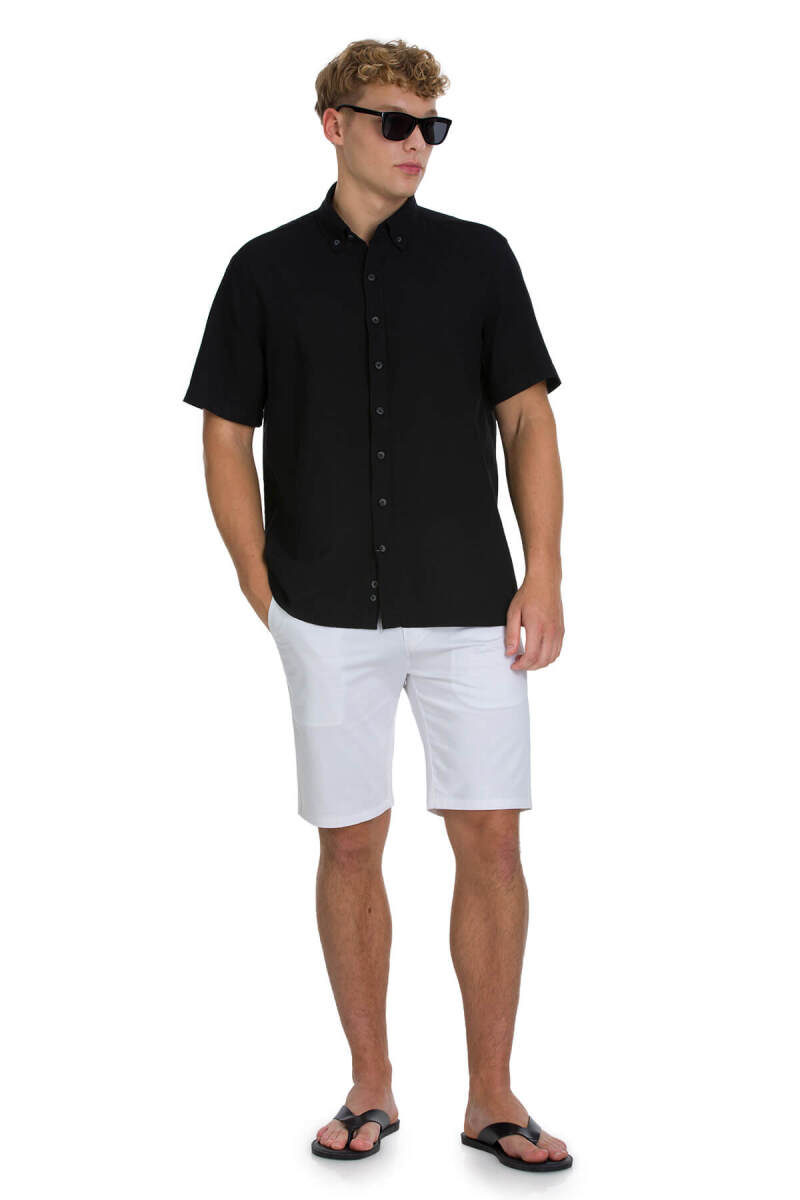 Siyah Comfort Fit 100% Pamuk Düğmeli Yaka Kısa Kollu Pamuk Gömlek - HTML (1)