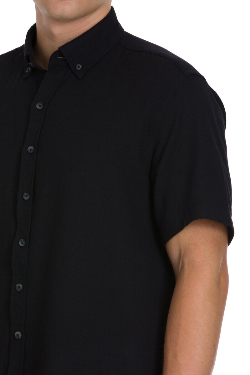 Siyah Comfort Fit 100% Pamuk Düğmeli Yaka Kısa Kollu Pamuk Gömlek - HTML (1)