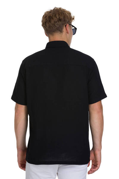 Siyah Comfort Fit 100% Pamuk Düğmeli Yaka Kısa Kollu Pamuk Gömlek - 5