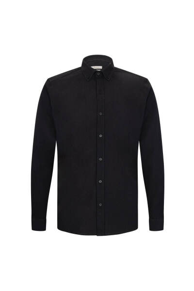 Siyah Comfort Fit 100% Pamuk Düğmeli Yaka Uzun Kollu Casual Gömlek 
