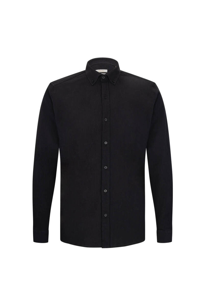 Siyah Comfort Fit 100% Pamuk Düğmeli Yaka Uzun Kollu Casual Gömlek - Saykı