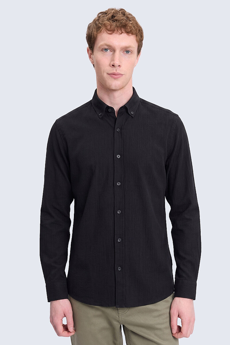 Siyah Comfort Fit 100% Pamuk Düğmeli Yaka Uzun Kollu Casual Gömlek