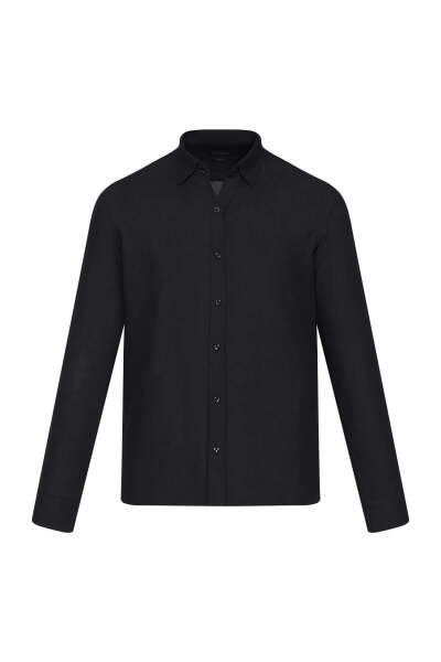 Siyah Comfort Fit 100% Pamuk Düğmeli Yaka Uzun Kollu Casual Gömlek 