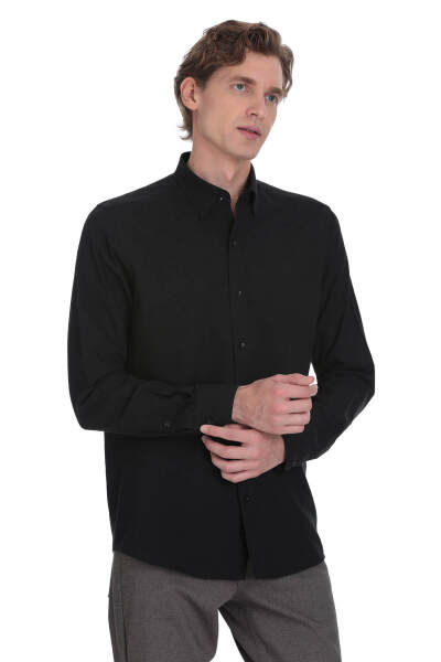 Siyah Comfort Fit 100% Pamuk Düğmeli Yaka Uzun Kollu Casual Gömlek 