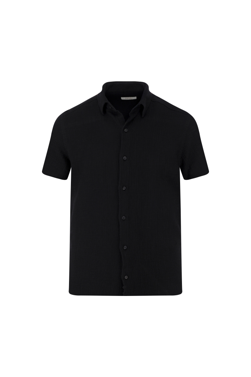 Siyah Comfort Fit 100% Pamuk Gizli Düğmeli Yaka Kısa Kollu Gömlek - Saykı