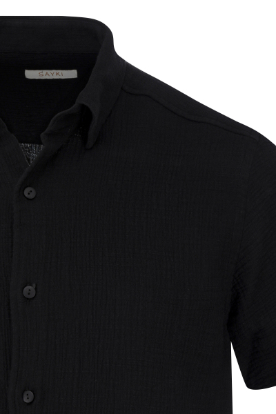 Siyah Comfort Fit 100% Pamuk Gizli Düğmeli Yaka Kısa Kollu Gömlek - 2