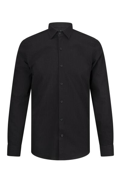 Siyah Comfort Fit 100% Pamuk Slim Yaka Uzun Kollu Spor Gömlek 