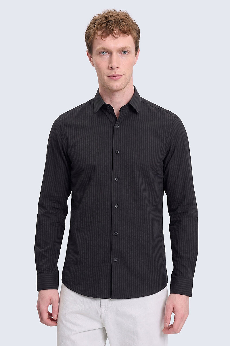 Siyah Comfort Fit 100% Pamuk Slim Yaka Uzun Kollu Spor Gömlek