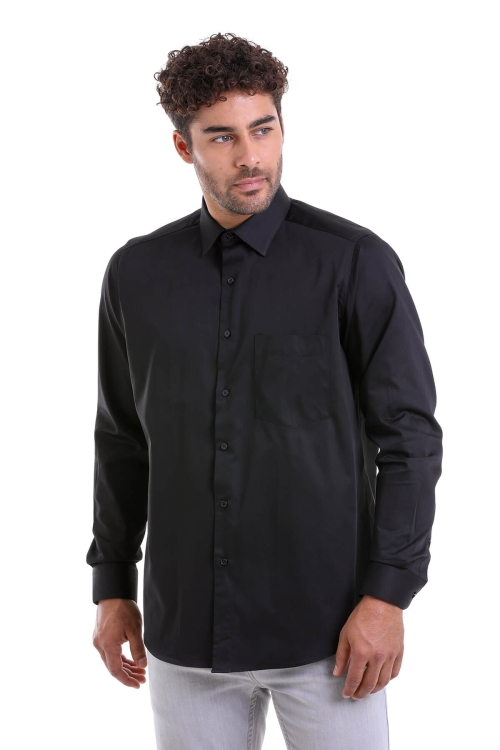 Hatem Saykı - Siyah Comfort Fit Düz 100% Pamuk Slim Yaka Uzun Kollu Klasik Saten Gömlek