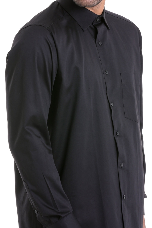 Siyah Comfort Fit Düz 100% Pamuk Slim Yaka Uzun Kollu Klasik Saten Gömlek - Thumbnail (2)