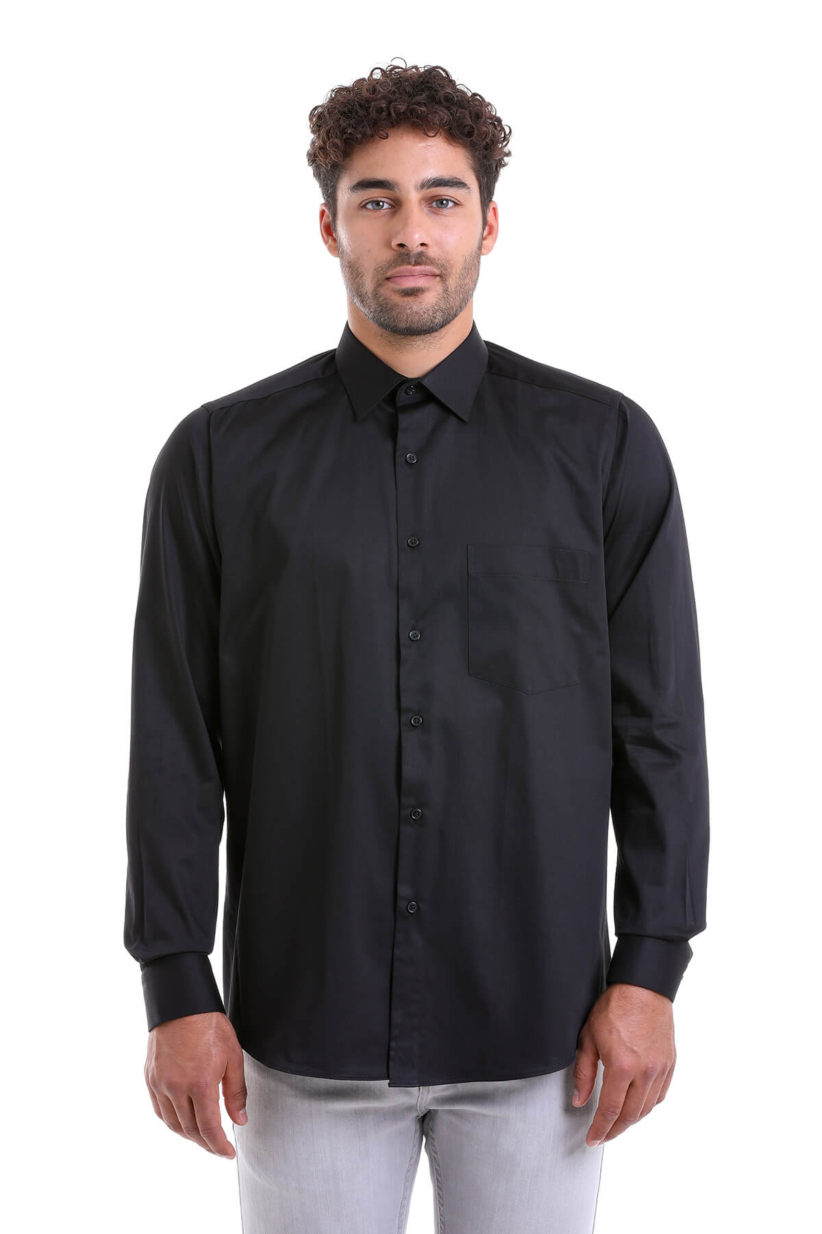 Siyah Comfort Fit Düz 100% Pamuk Slim Yaka Uzun Kollu Klasik Saten Gömlek