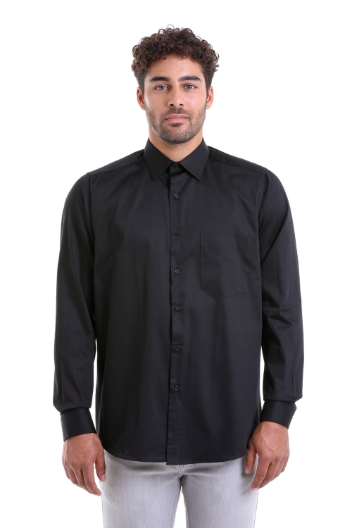 Siyah Comfort Fit Düz 100% Pamuk Slim Yaka Uzun Kollu Klasik Saten Gömlek - Thumbnail (3)