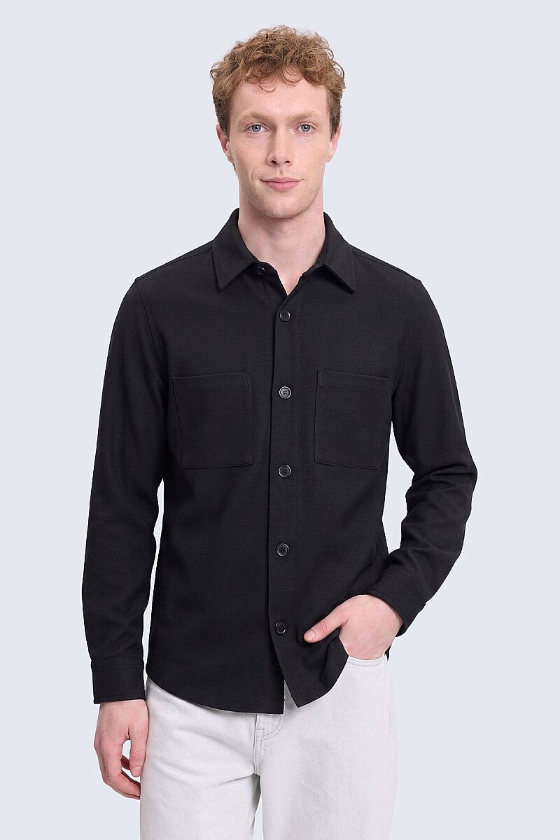Siyah Comfort Fit Bebe Yaka Shacket Uzun Kollu Gömlek