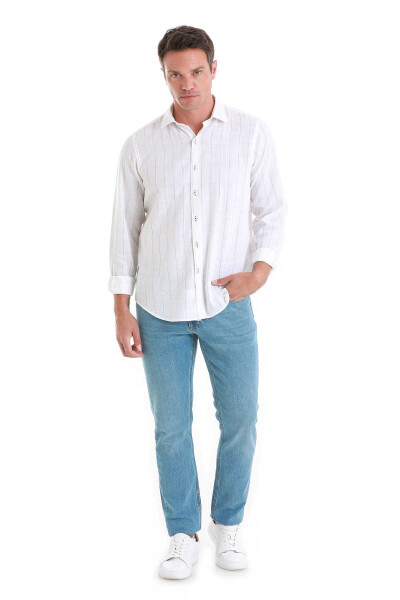 Beyaz Comfort Fit Çizgili 100% Pamuk Slim Yaka Uzun Kollu Gömlek - 2