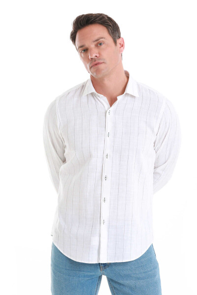 Beyaz Comfort Fit Çizgili 100% Pamuk Slim Yaka Uzun Kollu Gömlek - 3