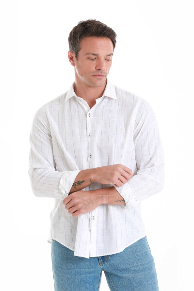 Beyaz Comfort Fit Çizgili 100% Pamuk Slim Yaka Uzun Kollu Gömlek - 4