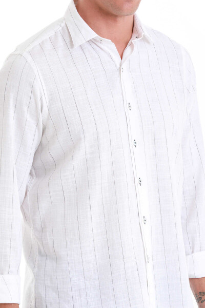 Beyaz Comfort Fit Çizgili 100% Pamuk Slim Yaka Uzun Kollu Gömlek - 5