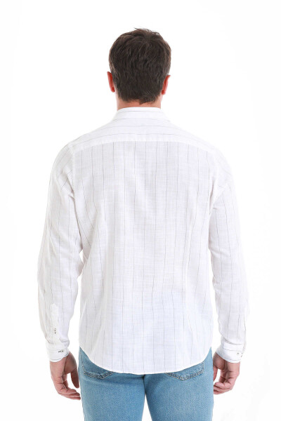 Beyaz Comfort Fit Çizgili 100% Pamuk Slim Yaka Uzun Kollu Gömlek - 6