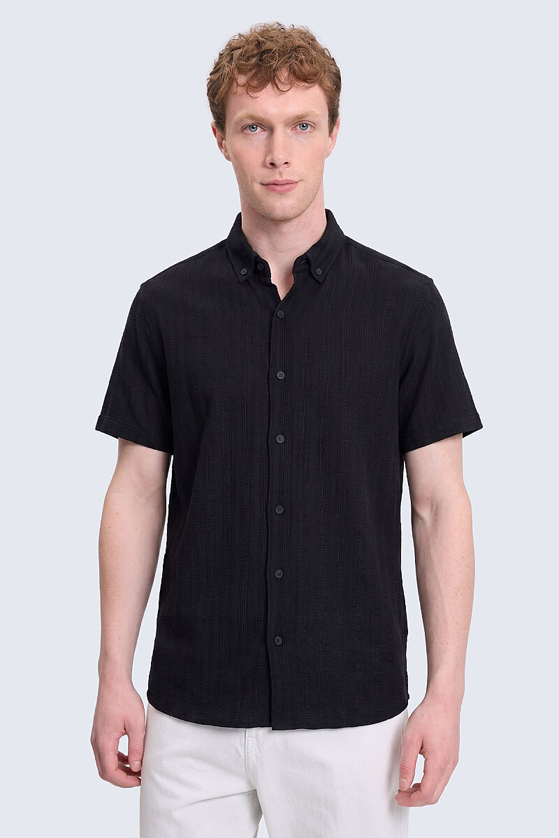 Siyah Comfort Fit Çizgili Düğmeli Yaka 100% Pamuk Kısa Kollu Casual Gömlek