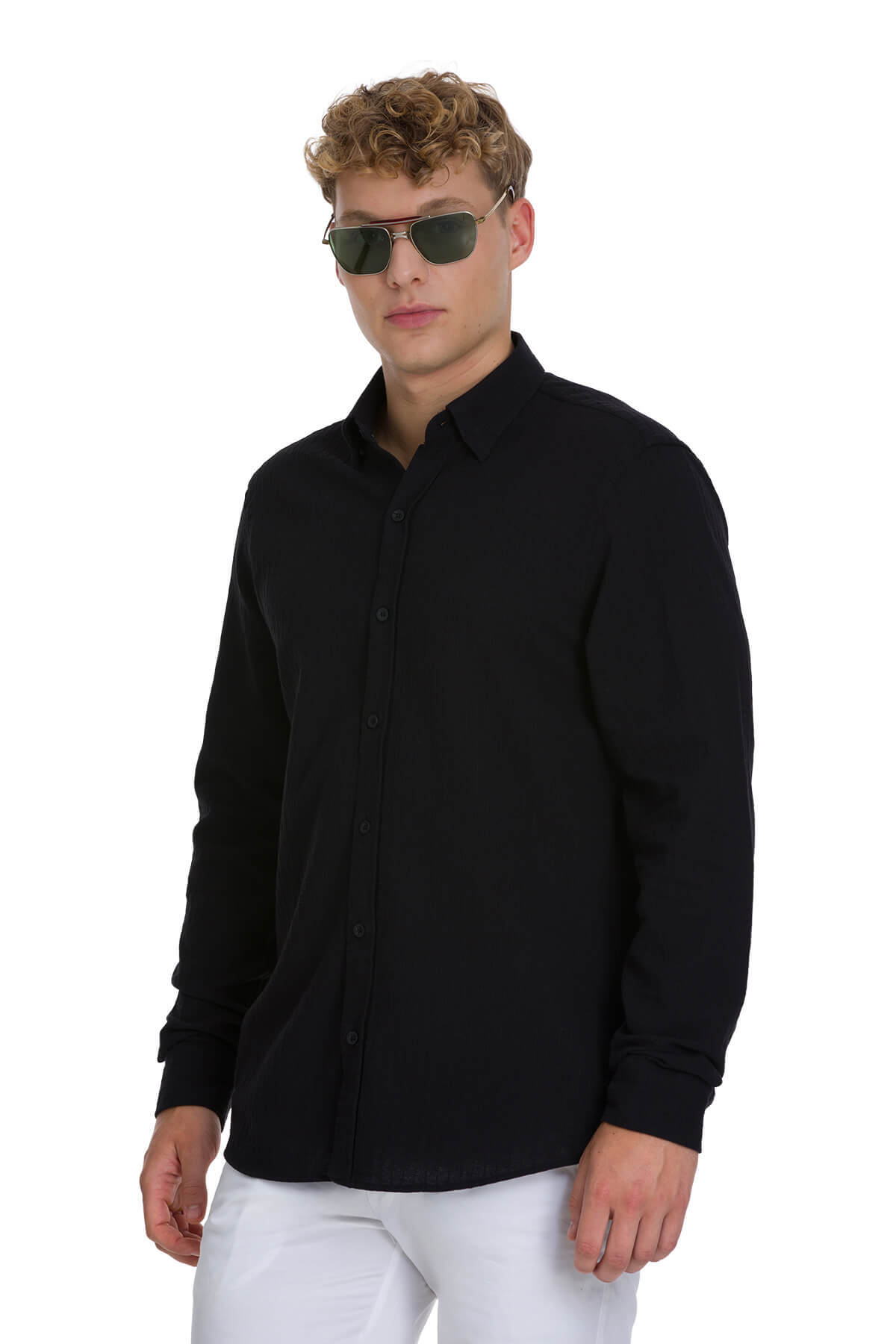 Siyah Comfort Fit Çizgili Düğmeli Yaka 100% Pamuk Uzun Kollu Casual Gömlek - 1