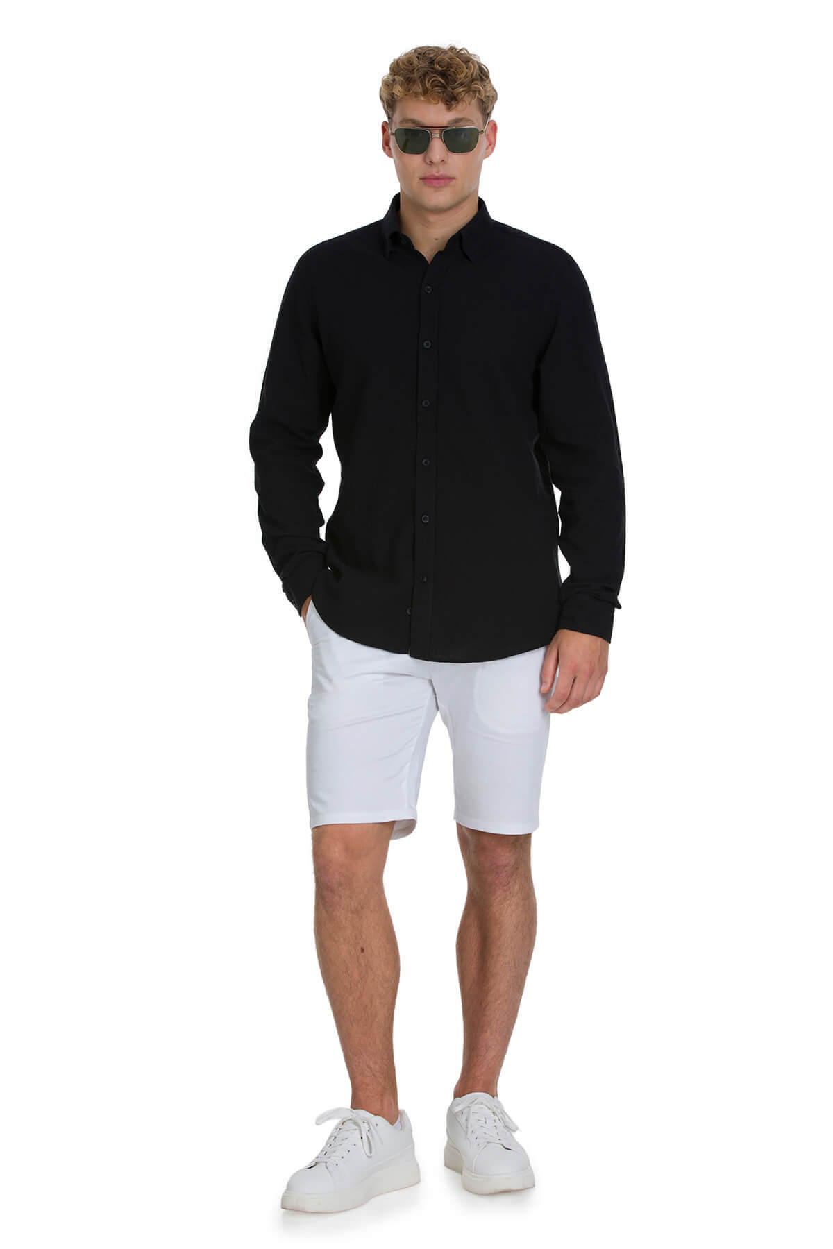 Siyah Comfort Fit Çizgili Düğmeli Yaka 100% Pamuk Uzun Kollu Casual Gömlek - 2