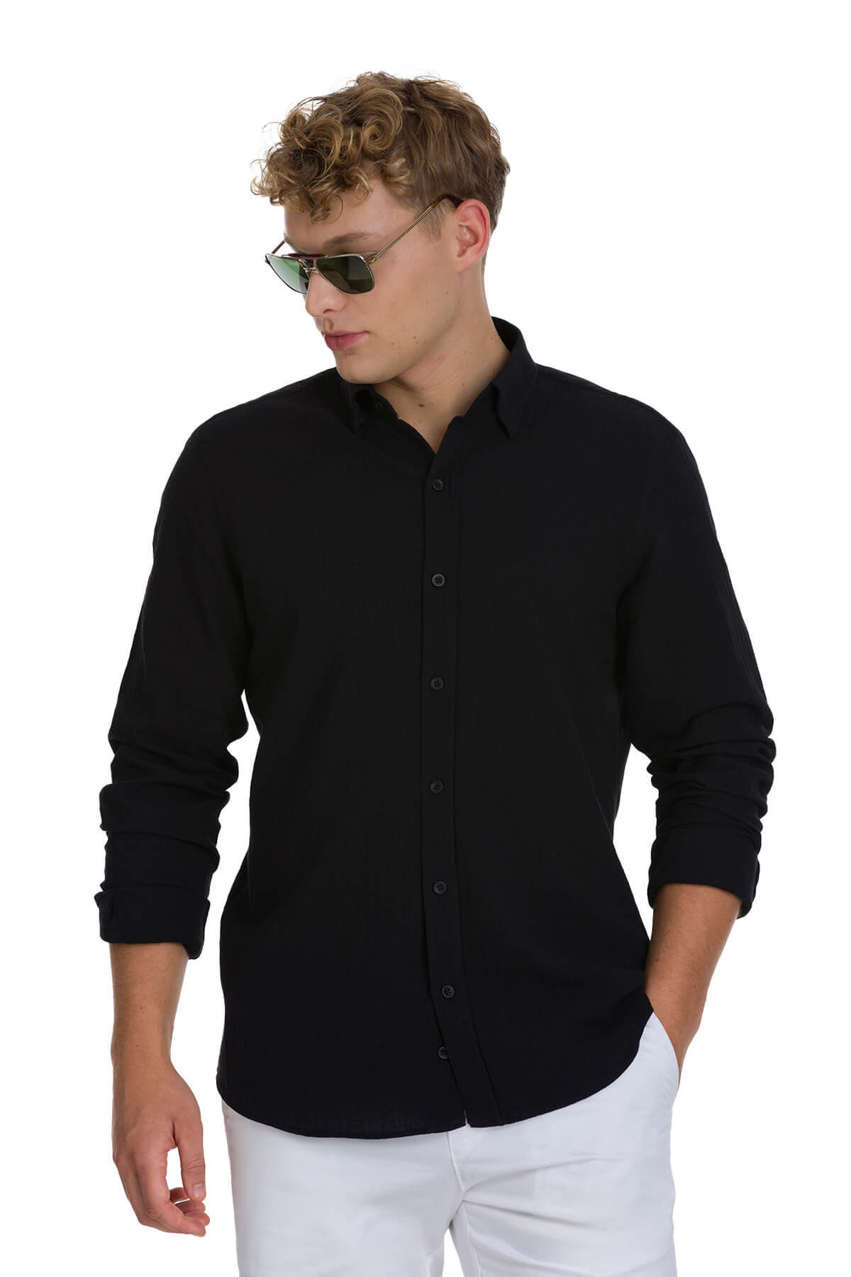 Siyah Comfort Fit Çizgili Düğmeli Yaka 100% Pamuk Uzun Kollu Casual Gömlek - 3