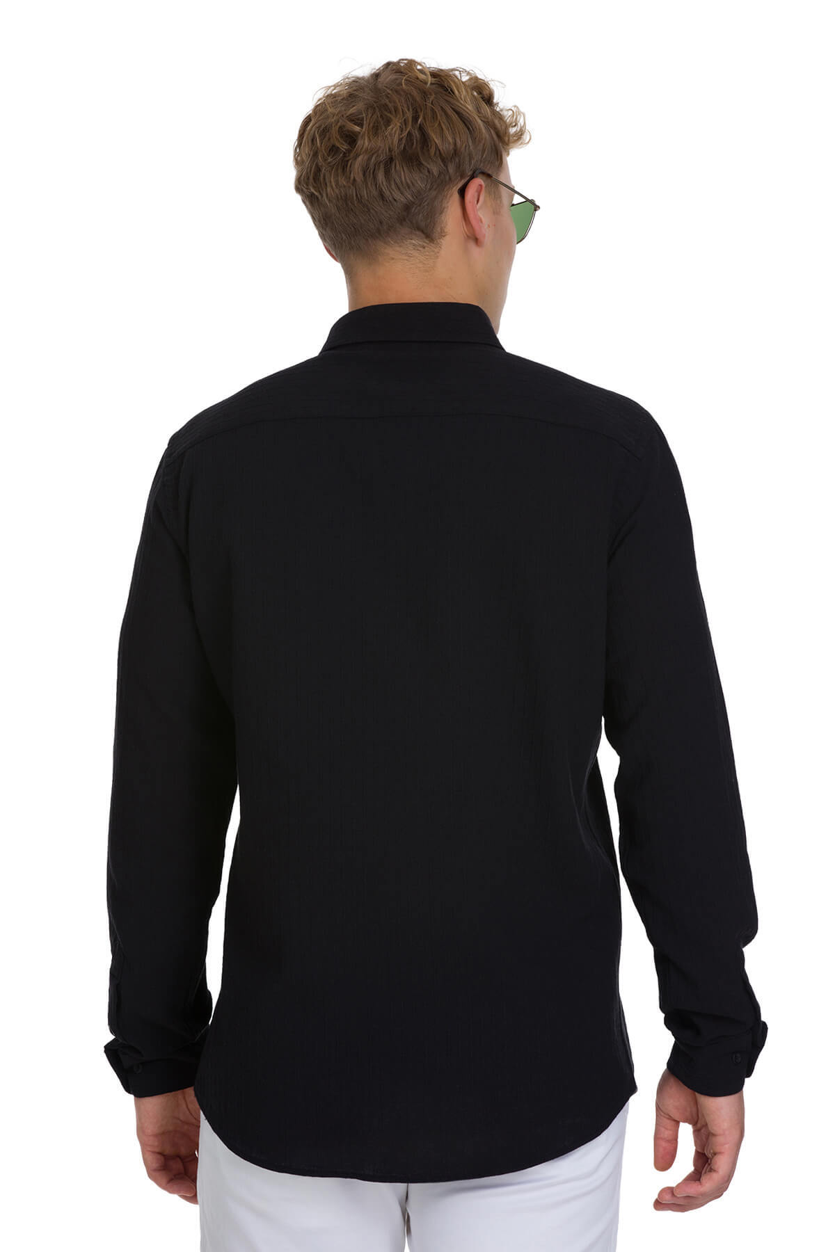 Siyah Comfort Fit Çizgili Düğmeli Yaka 100% Pamuk Uzun Kollu Casual Gömlek - 4