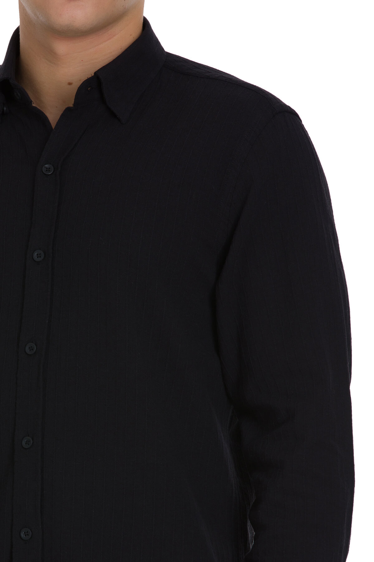 Siyah Comfort Fit Çizgili Düğmeli Yaka 100% Pamuk Uzun Kollu Casual Gömlek - 5