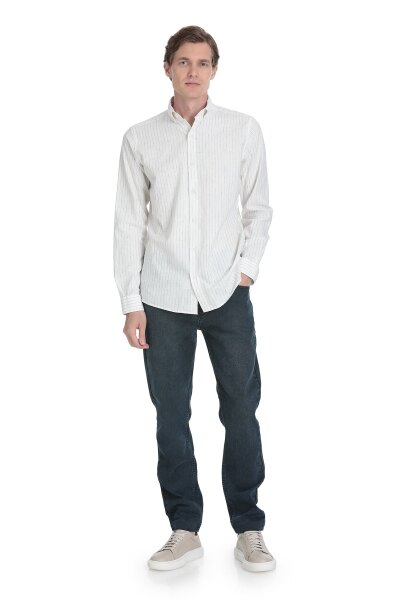 Siyah Comfort Fit Çizgili Düğmeli Yaka Pamuk-Keten Uzun Kollu Gömlek - 2